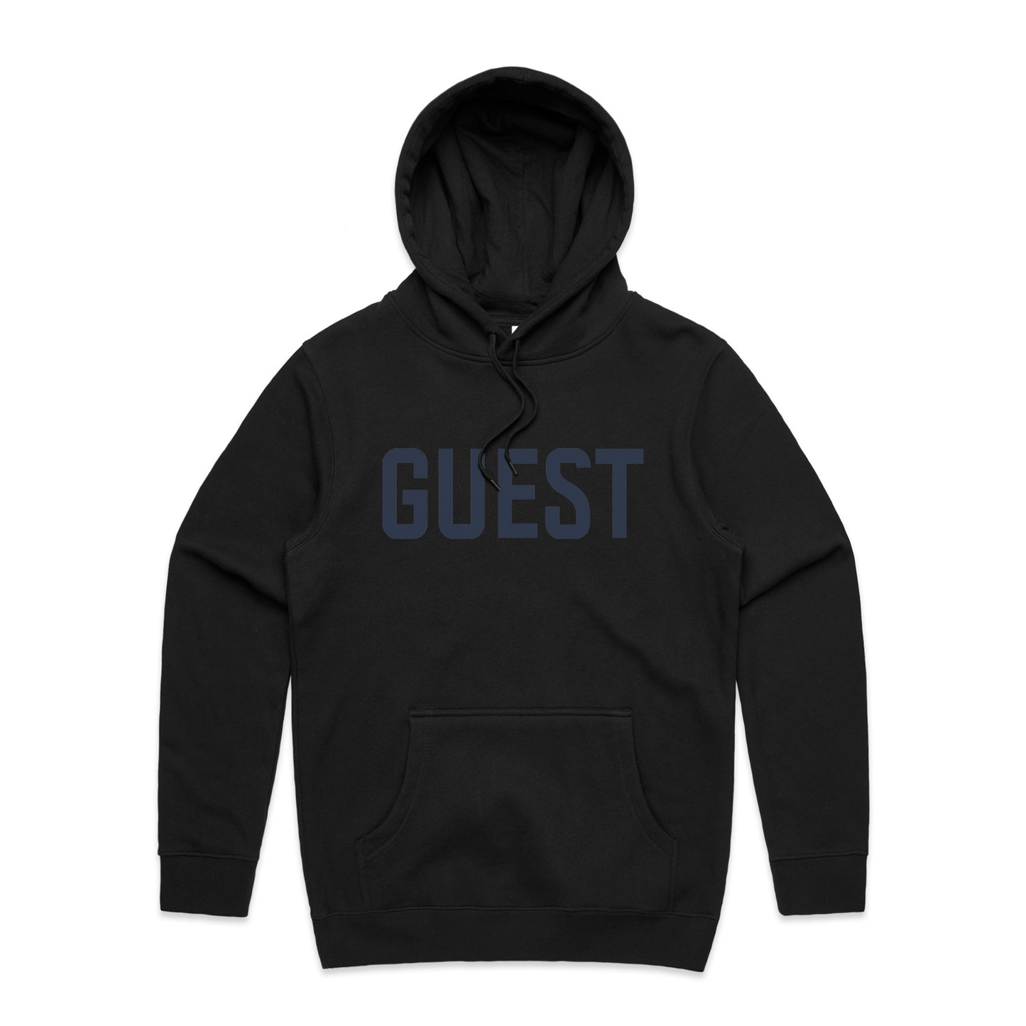 Black hoodie with navy GUEST logo on the front