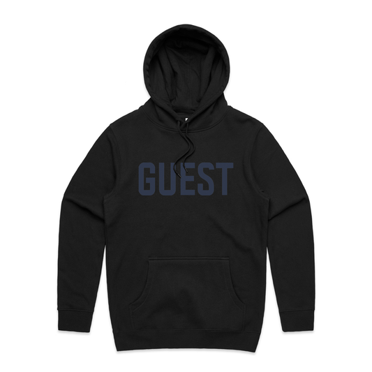 Black hoodie with navy GUEST logo on the front
