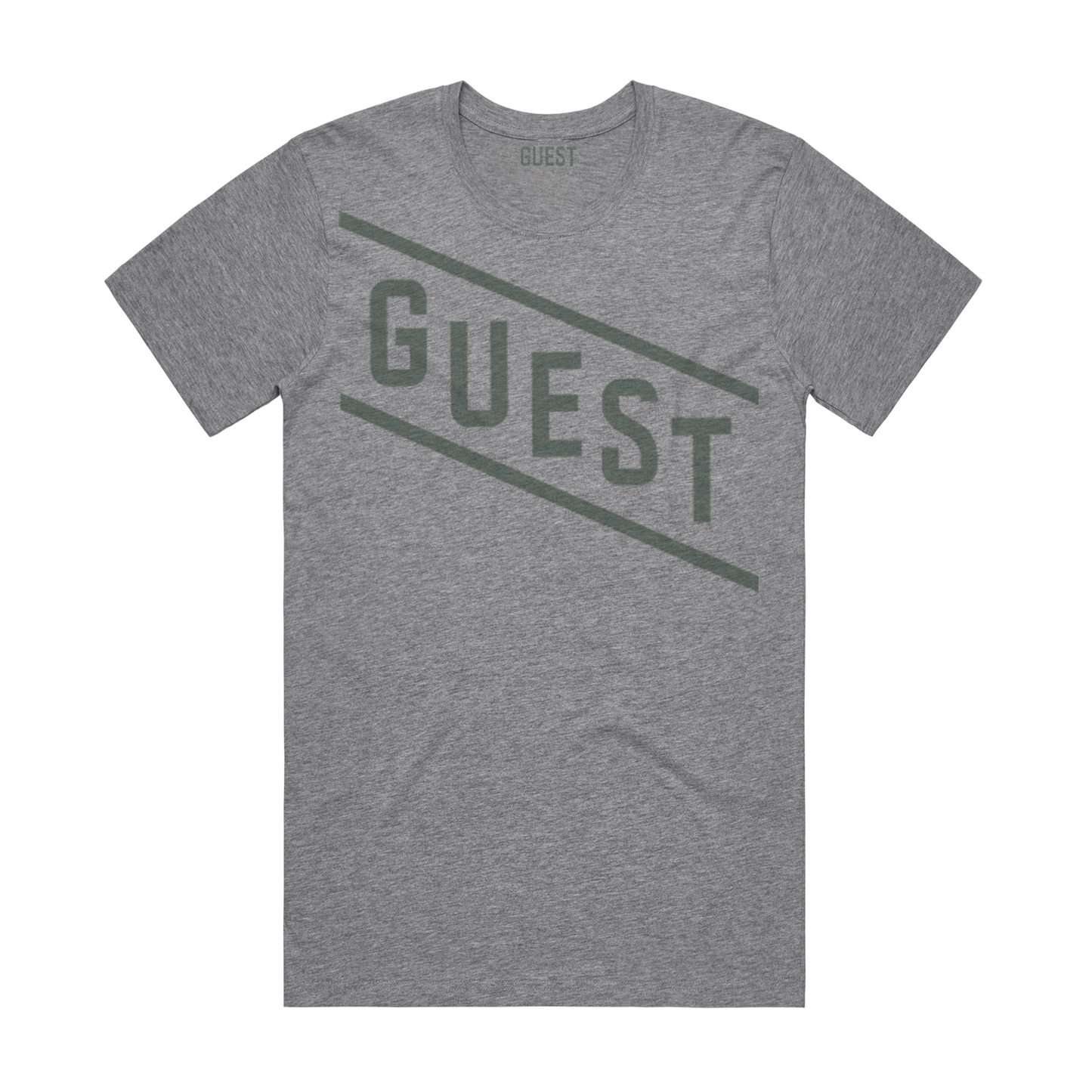 Gray T-shirt featuring diagonal Country Club GUEST logo, flat lay product photo
