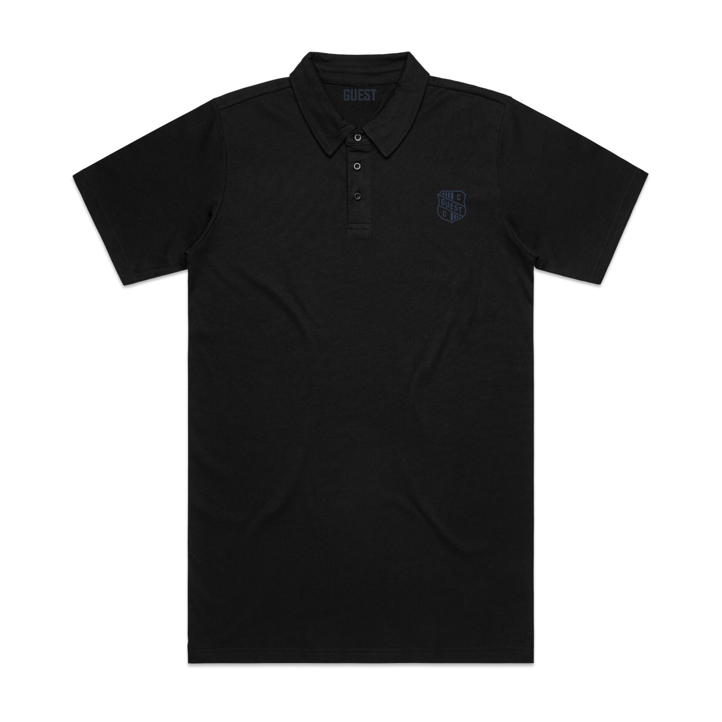 Black Guest polo shirt with midnight blue embroidered chest logo shown from the front