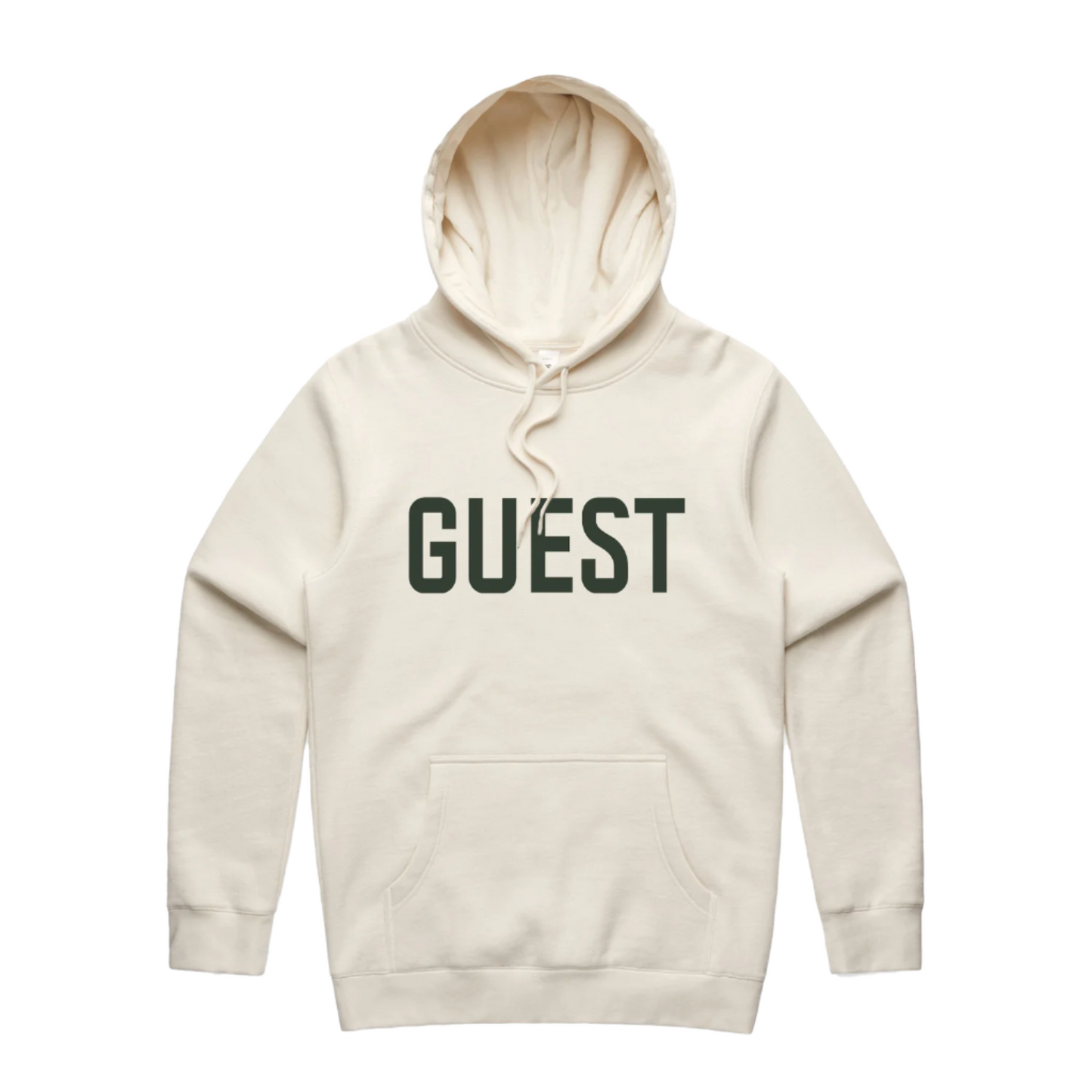 Ecru-colored hoodie with ‘GUEST’ embroidered across the chest from Country Club Guest