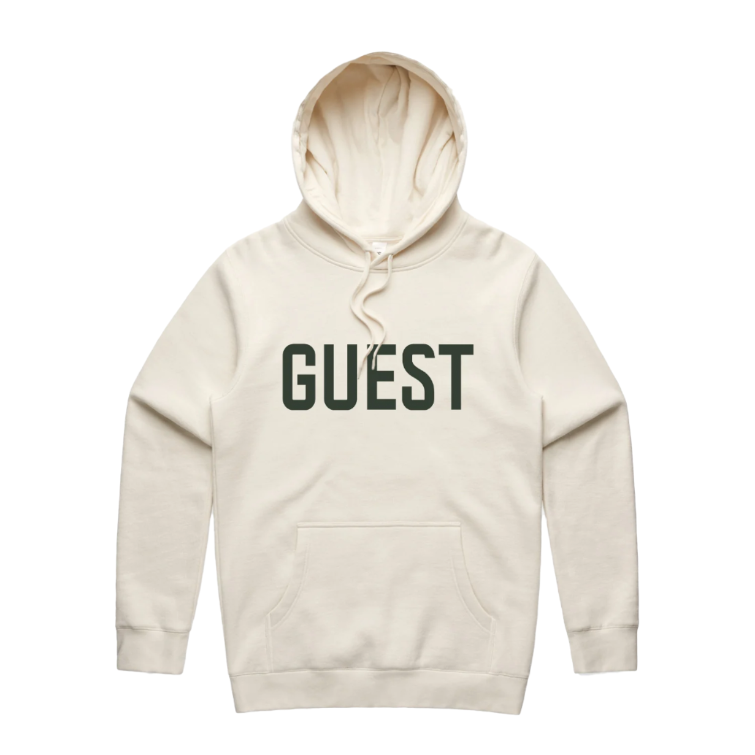 Ecru-colored hoodie with ‘GUEST’ embroidered across the chest from Country Club Guest