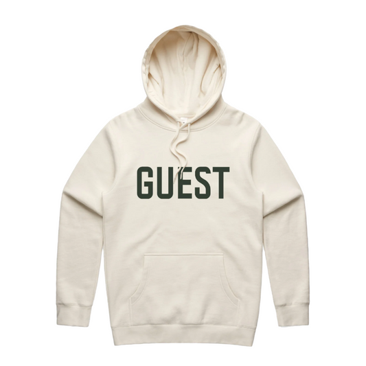 Ecru-colored hoodie with ‘GUEST’ embroidered across the chest from Country Club Guest