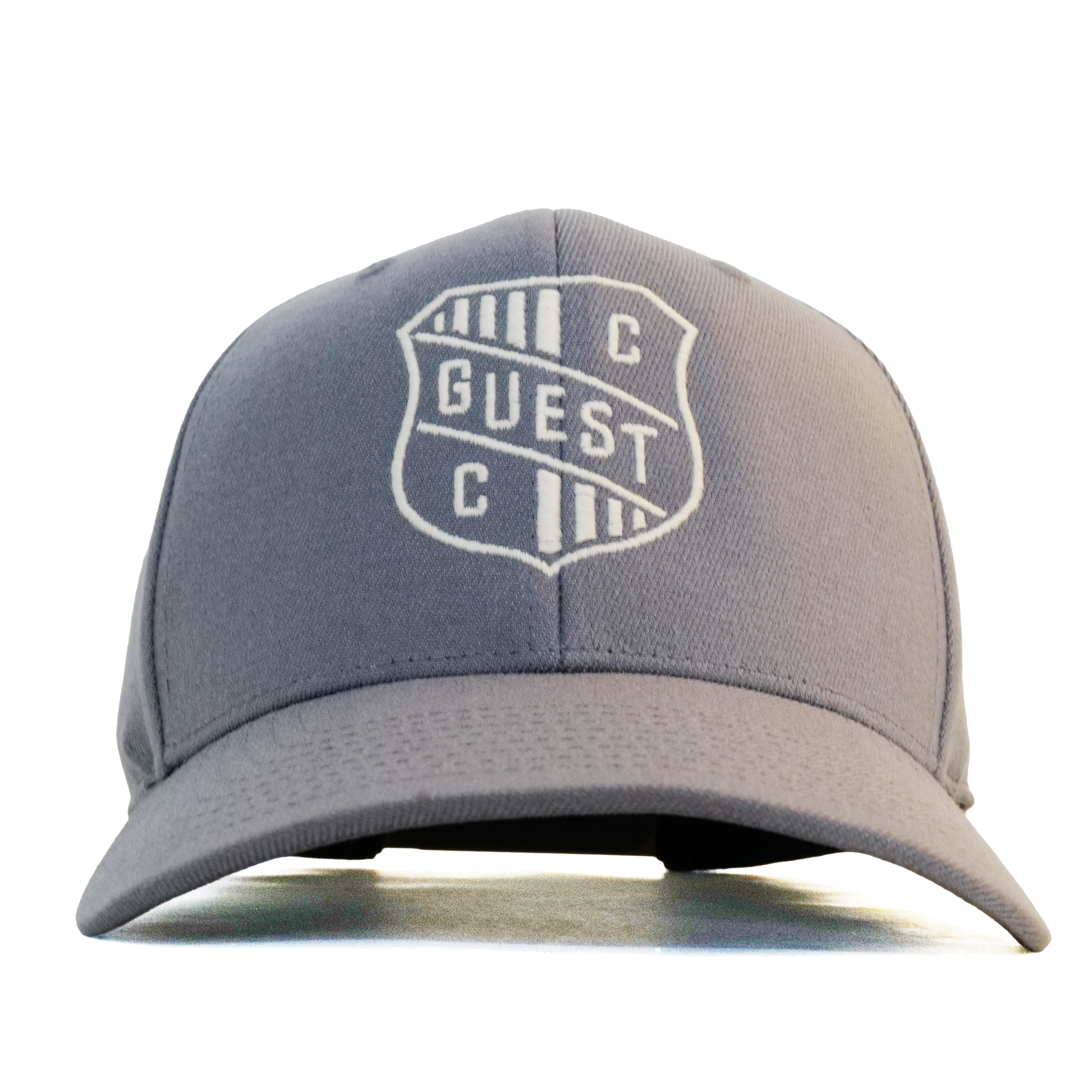 Grey Country Club GUEST golf hat with embroidered shield crest displayed from the front