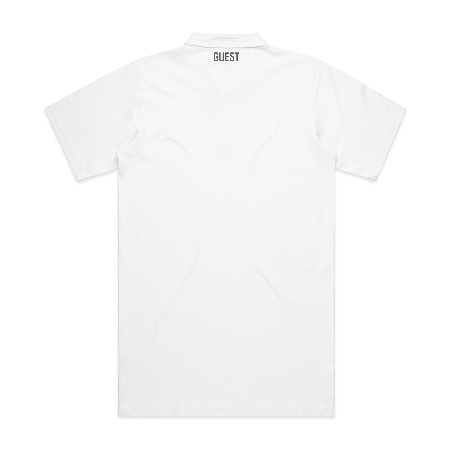 Back view of white Country Club Guest polo shirt with ‘GUEST’ text on the upper neck