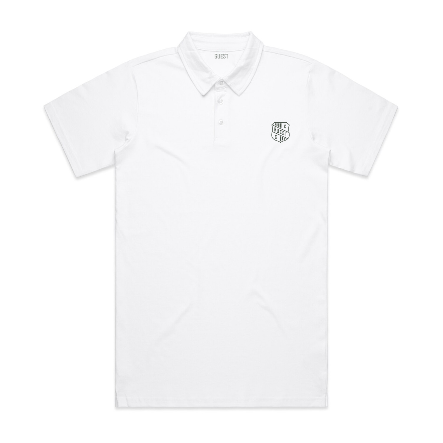 White Country Club GUEST polo shirt featuring the embroidered crest logo on the chest