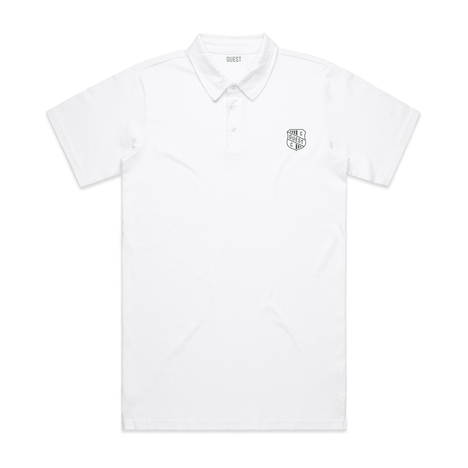 White Country Club GUEST polo shirt featuring the embroidered crest logo on the chest