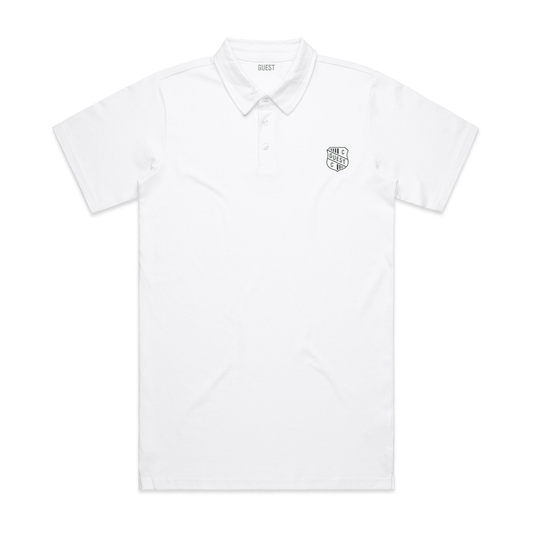 White Country Club GUEST polo shirt featuring the embroidered crest logo on the chest